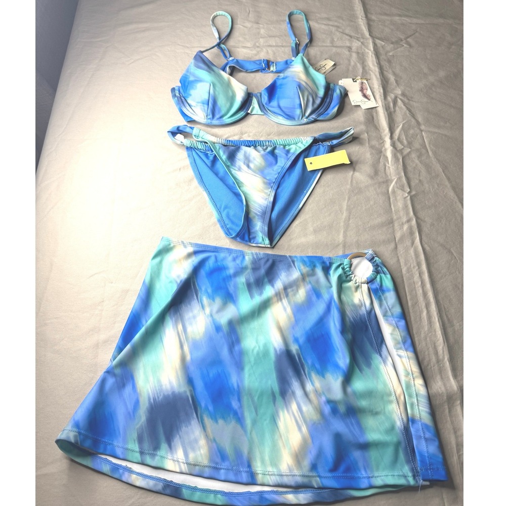 Jessica Simpson 3 Piece Bikini Set Blue Watercolor Bikini and Skirt NWT S/M L